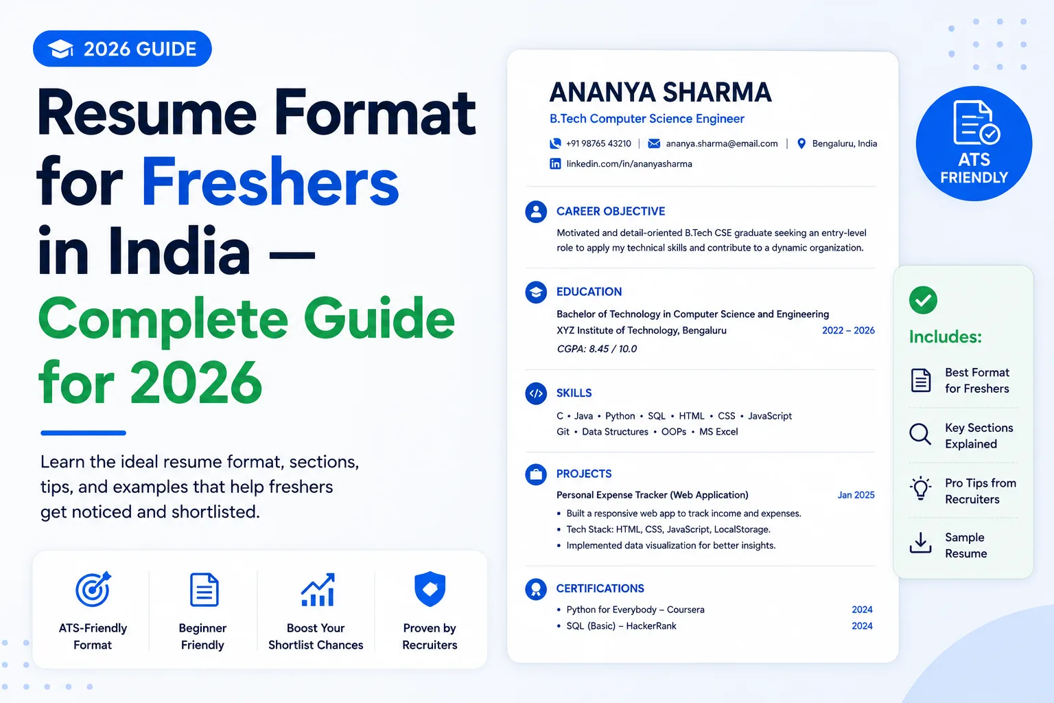 Best fresher resume format in India with ATS-friendly templates, examples, and writing tips for 2026