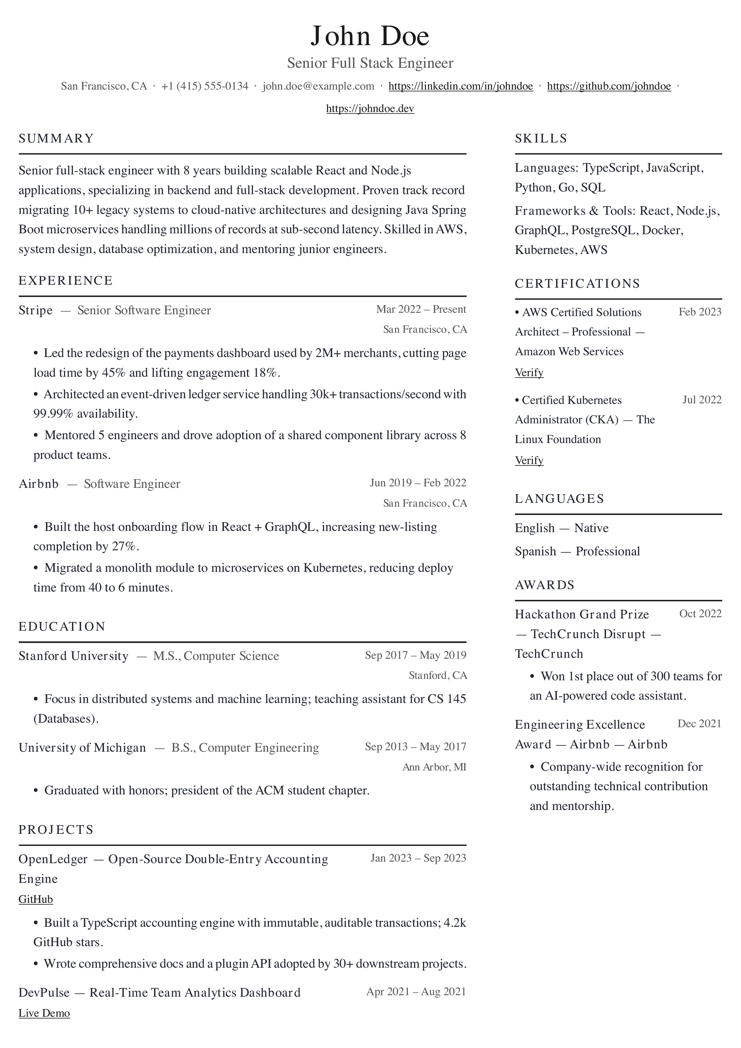 Classic resume template preview