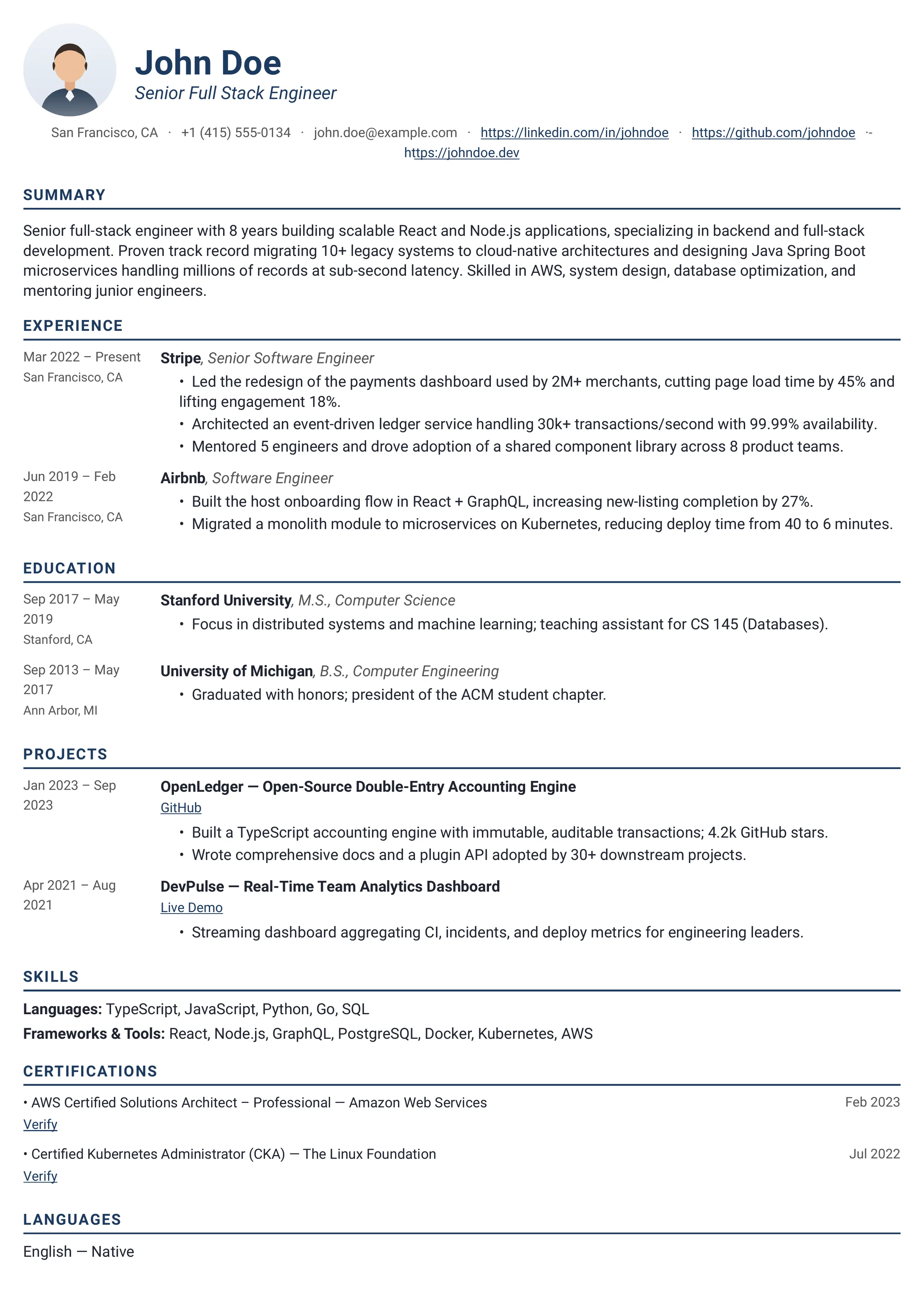 Compact Photo Navy resume template preview
