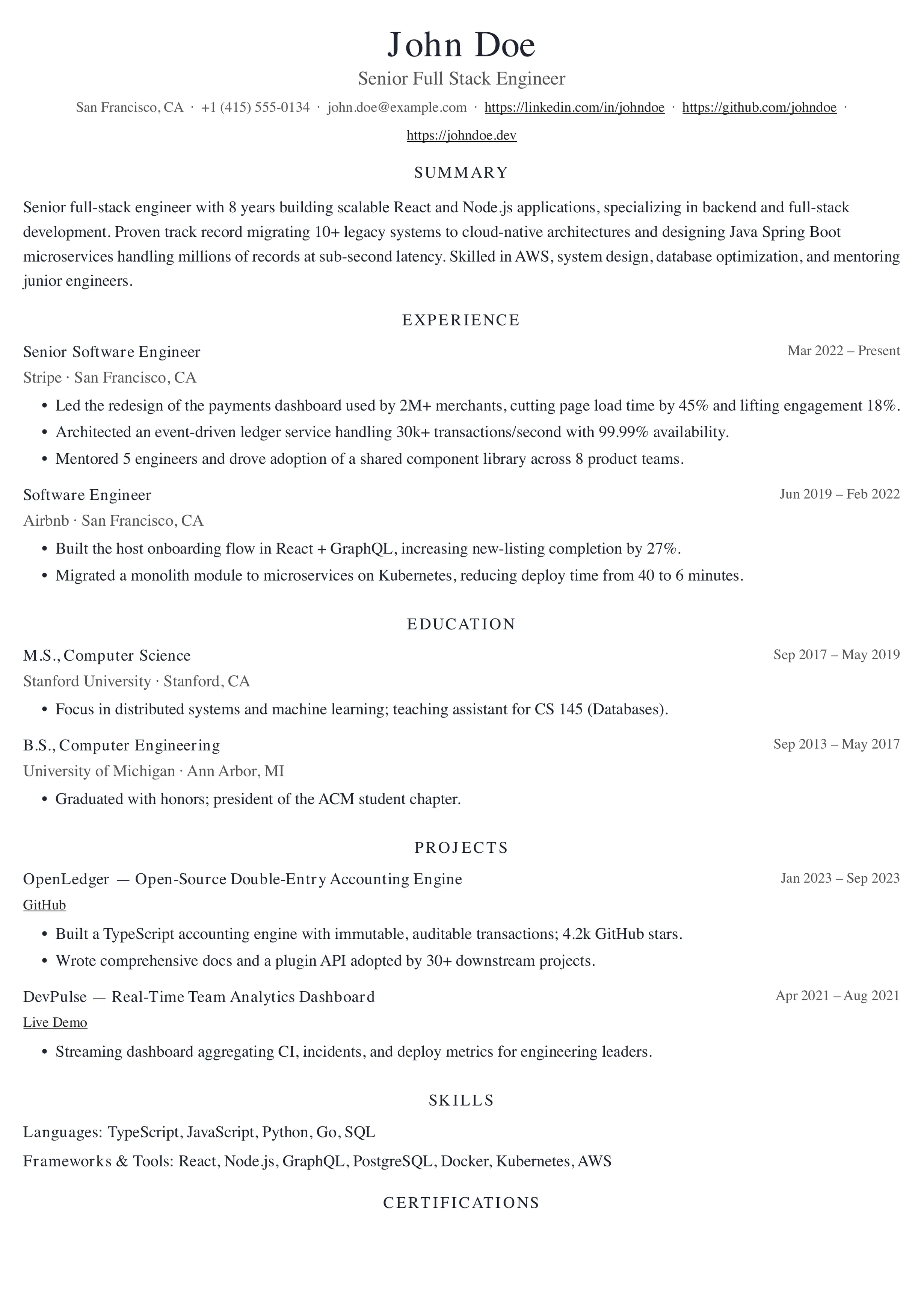 Harvard Centered resume template preview