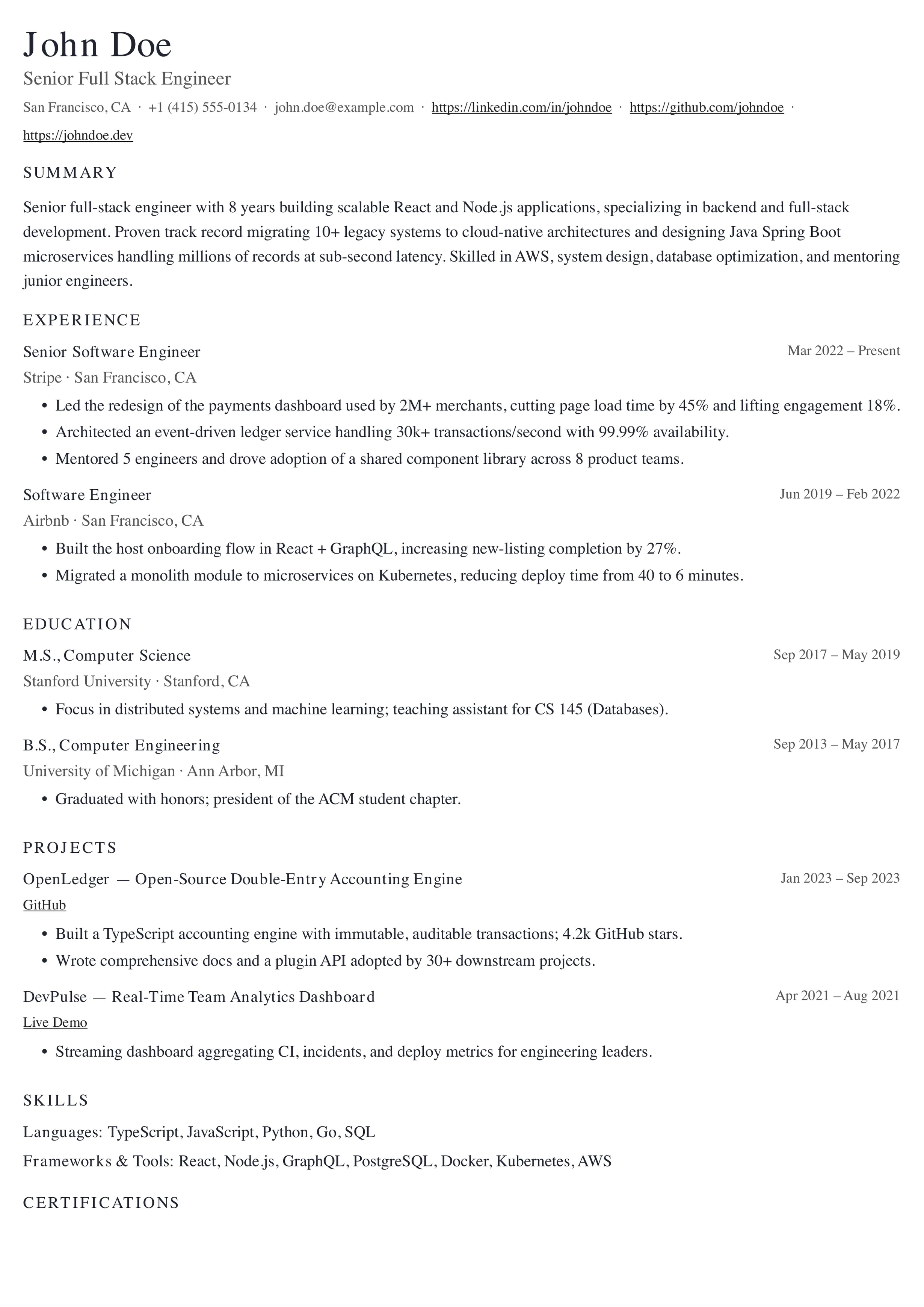 Harvard Name-Left resume template preview