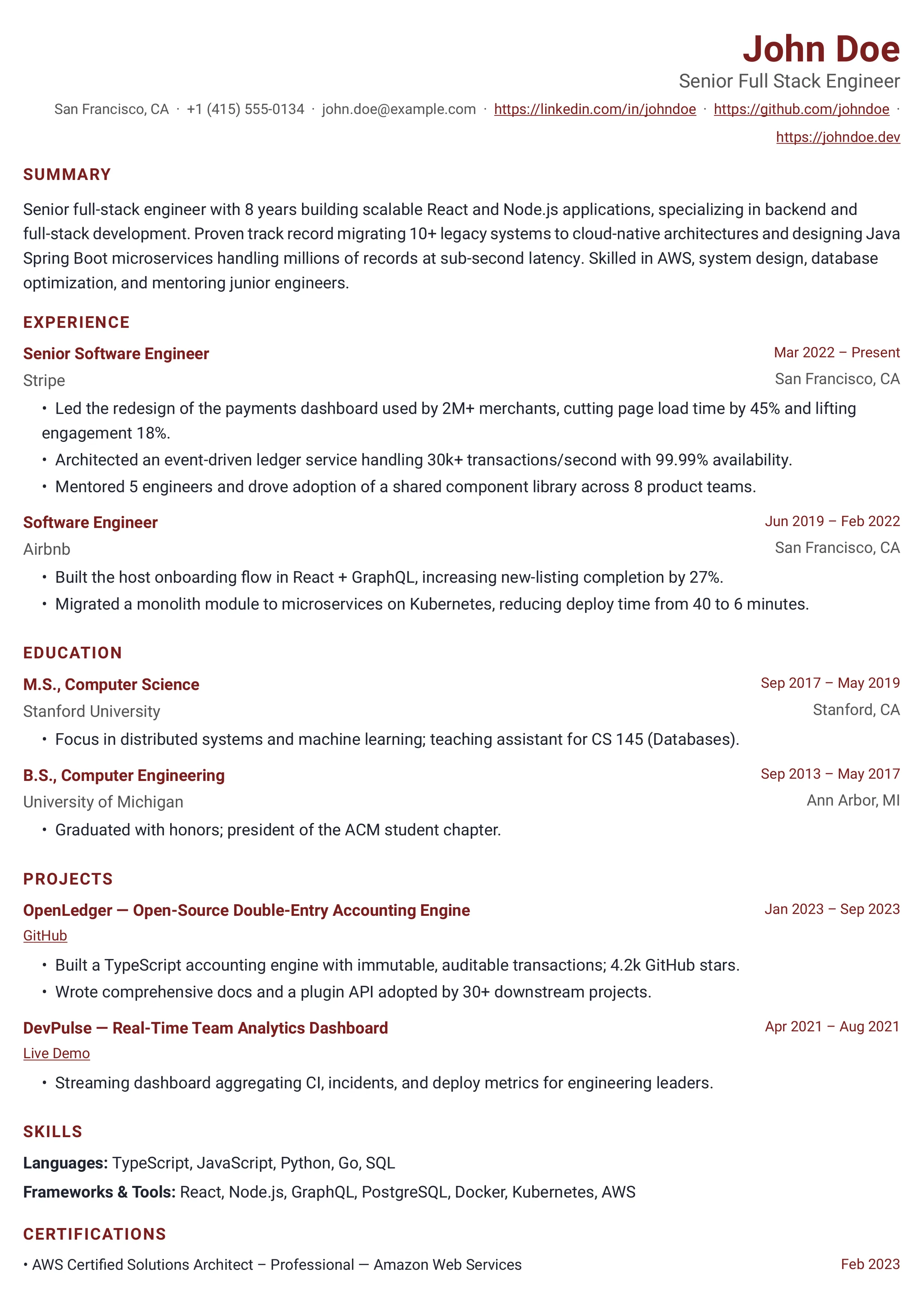 The Product Manager template preview