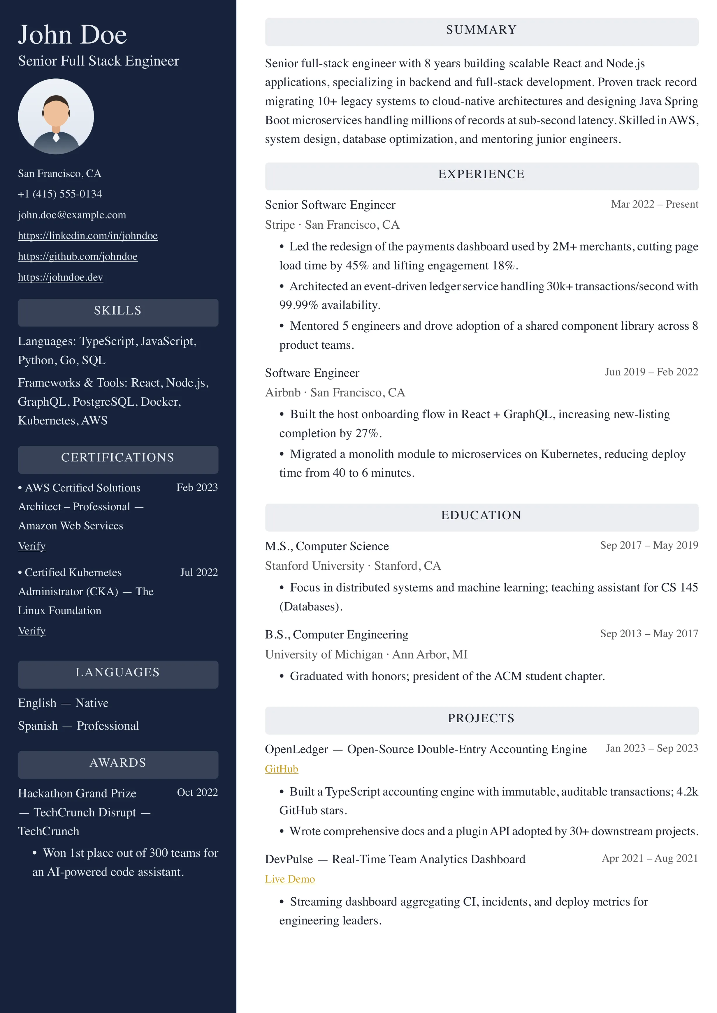 The Senior Engineering Manager template preview