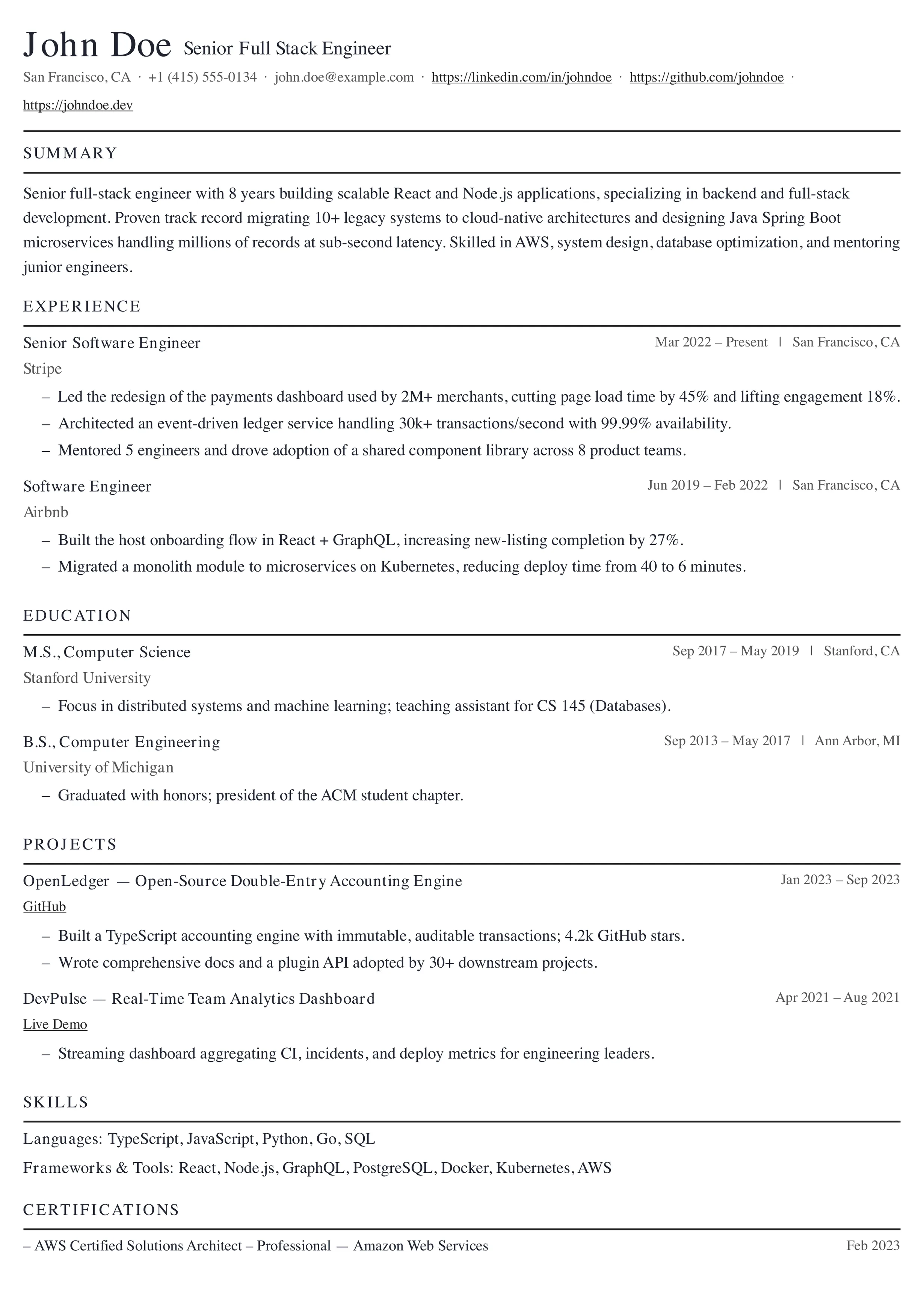 Plain Times resume template preview