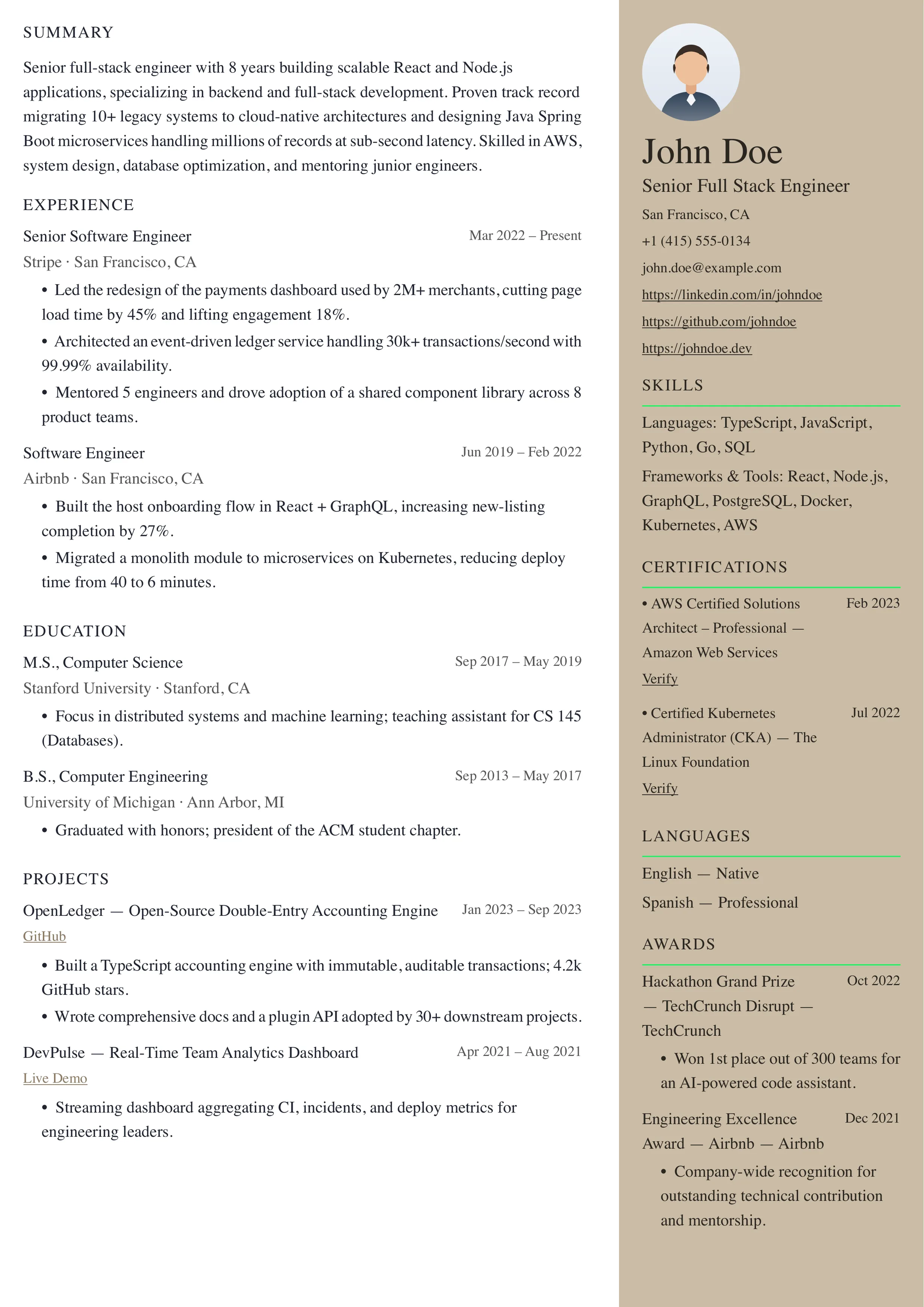 Tan Right Sidebar resume template preview