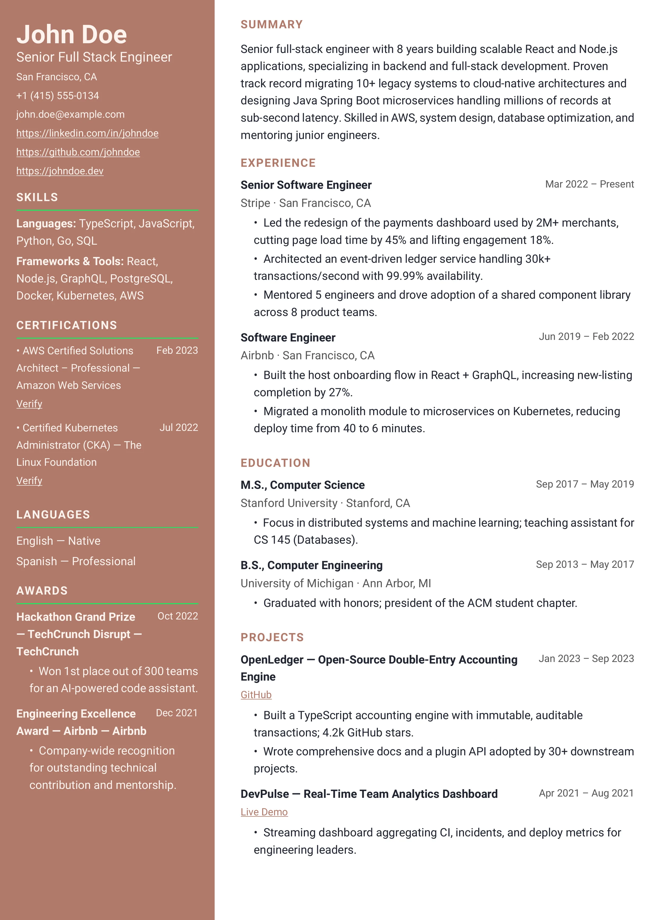 Terracotta Sidebar resume template preview
