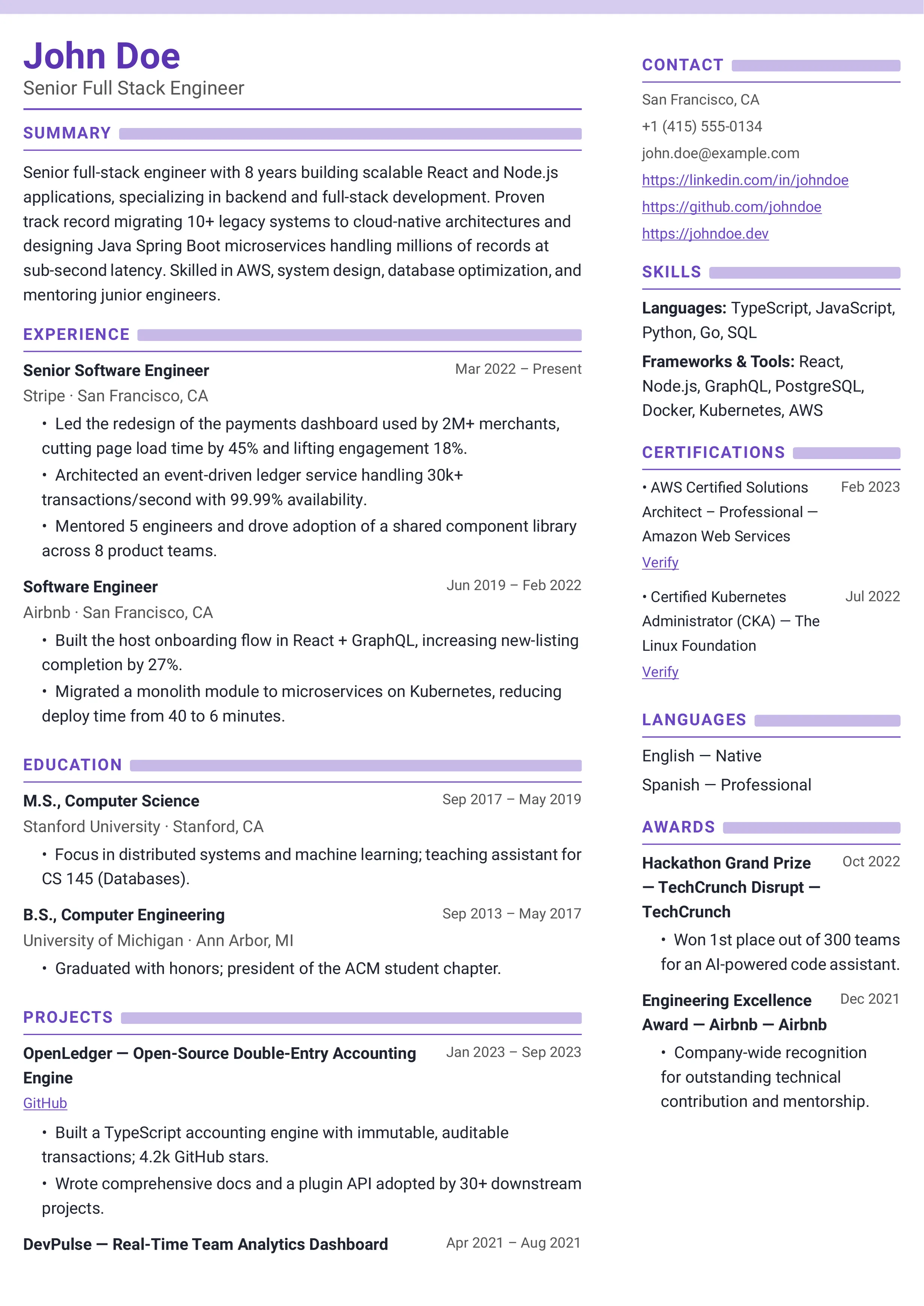 Violet Two-Column resume template preview